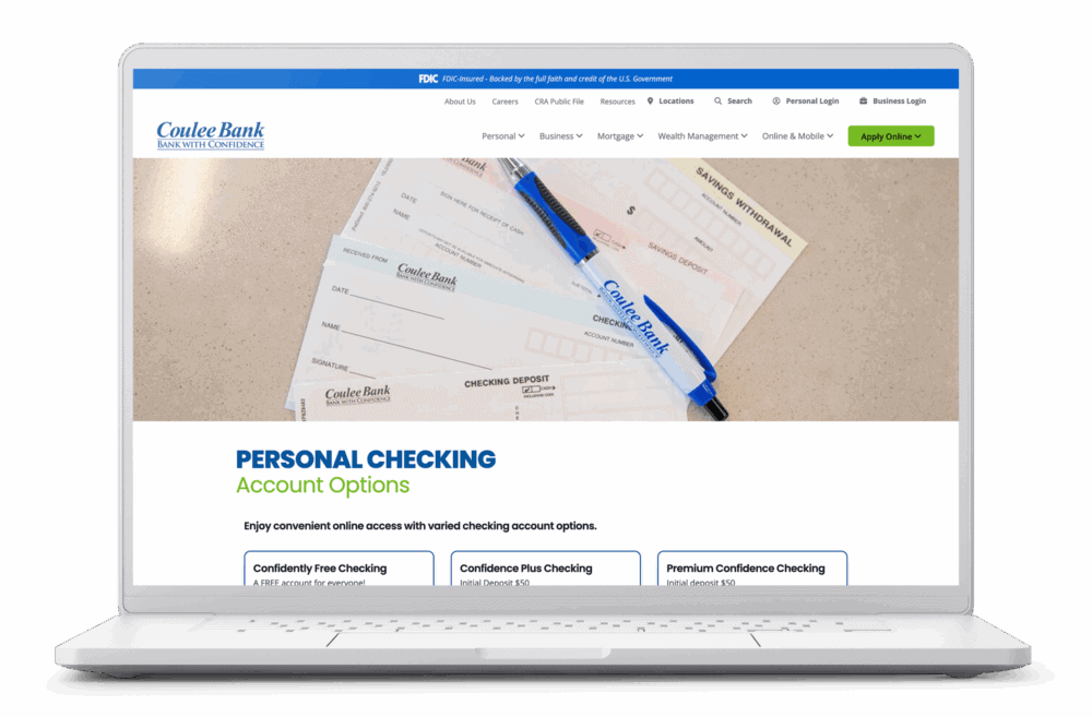 Laptop screen showing Coulee Bank’s Personal Checking Account Options page with account details and apply buttons.