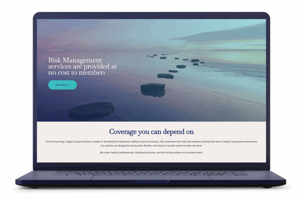 Integris Group website displayed on laptop screen featuring coverage options and risk management services for members.