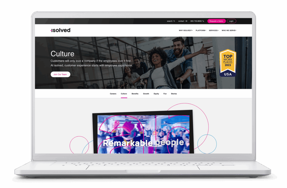 Laptop mockup featuring isolved’s Culture page with a banner image, text about employee experience, and a Top Workplaces badge.