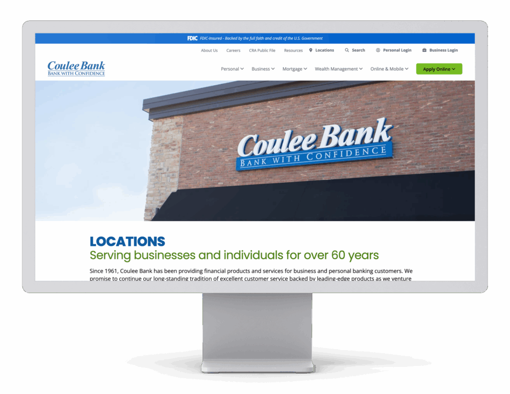 Desktop monitor displaying Coulee Bank’s Locations page highlighting 60 years of service for businesses and individuals.