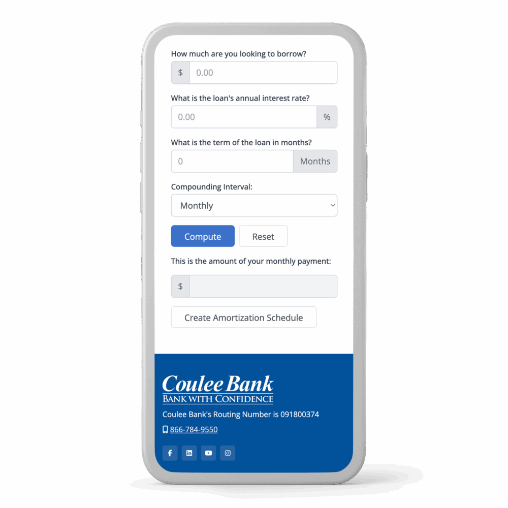 Smartphone screen showing Coulee Bank’s loan payment calculator with input fields for loan details and compute button.