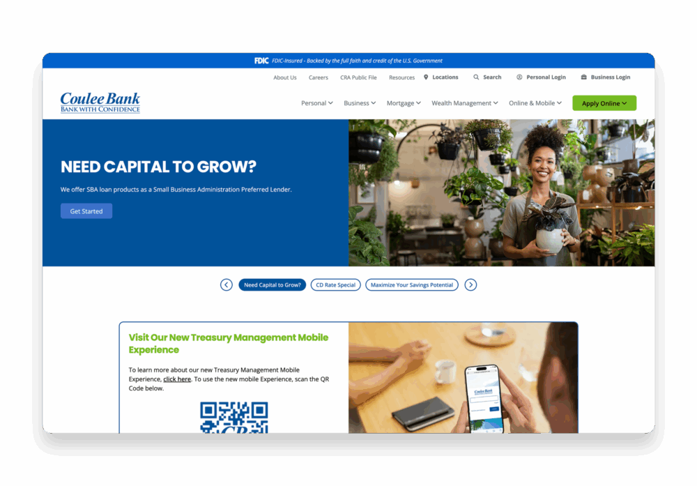 Browser view of Coulee Bank’s homepage promoting SBA loans and treasury management mobile experience.