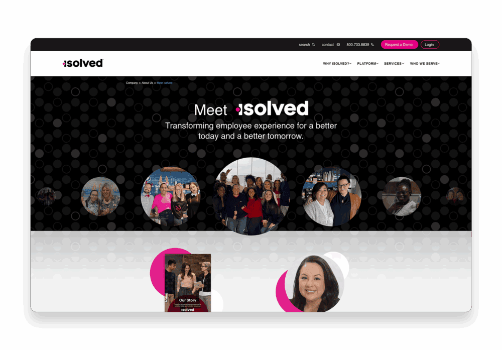 Browser window mockup of the isolved Meet page with circular team photos and the headline ‘Transforming employee experience for a better today and a better tomorrow