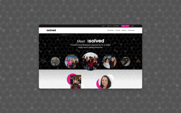 Full browser mockup of the isolved Meet page with team images and tagline about transforming employee experience.