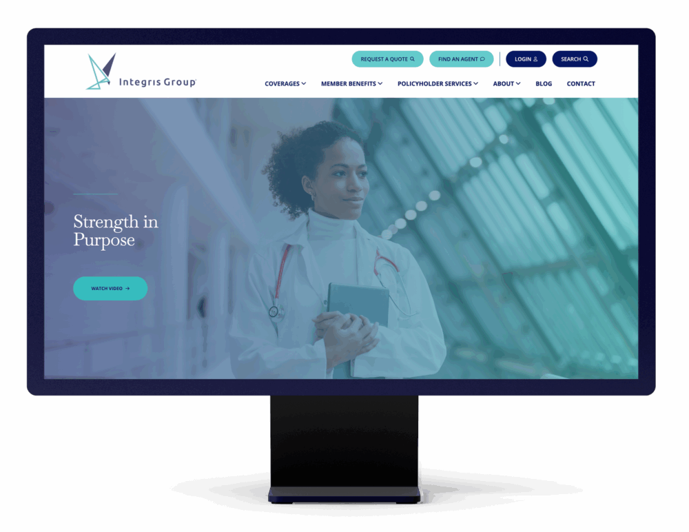 Integris Group website homepage featuring a doctor in a modern medical facility with tagline ‘Strength in Purpose.