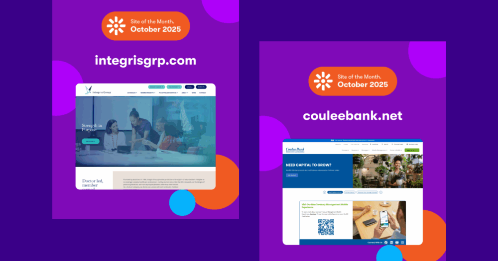 Graphic showcasing BizStream’s two Kentico Site of the Month winners for October 2025 — Integris Group and Coulee Bank. The left side features a screenshot of integrisgrp.com with a blue and teal color palette, and the right side shows couleebank.net with a blue and green design.