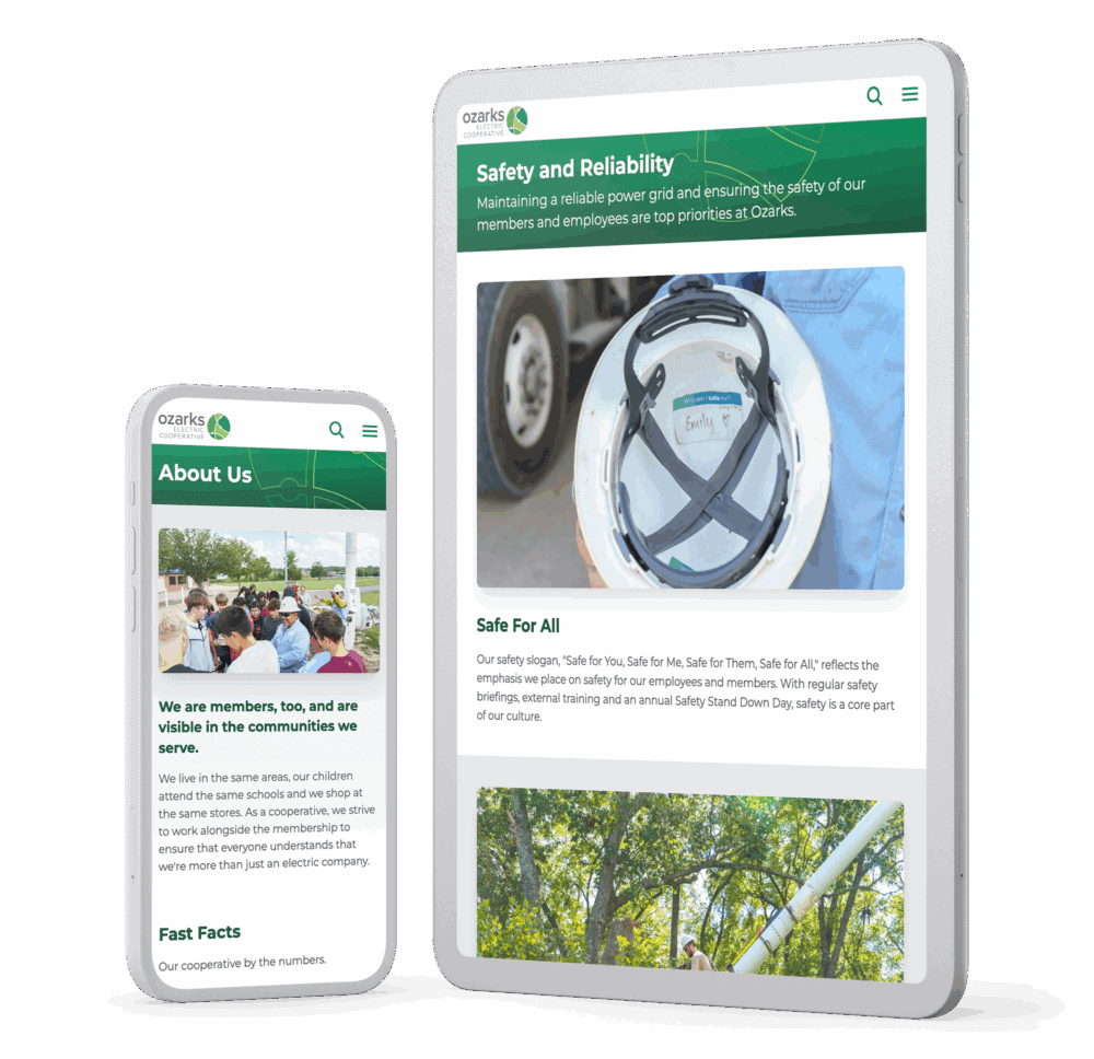Mobile and tablet screens displaying Ozarks Electric Cooperative’s Safety and Reliability and About Us pages.