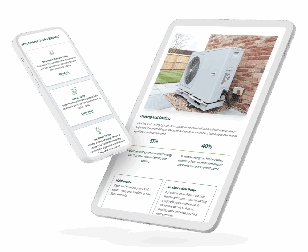 Mobile and tablet devices showing Ozarks Electric Cooperative’s Energy Solutions and cooperative benefits pages.