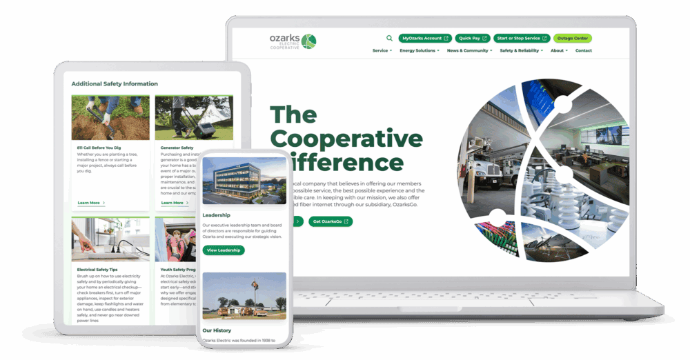 Responsive design mockup of Ozarks Electric Cooperative website on laptop and mobile devices.
