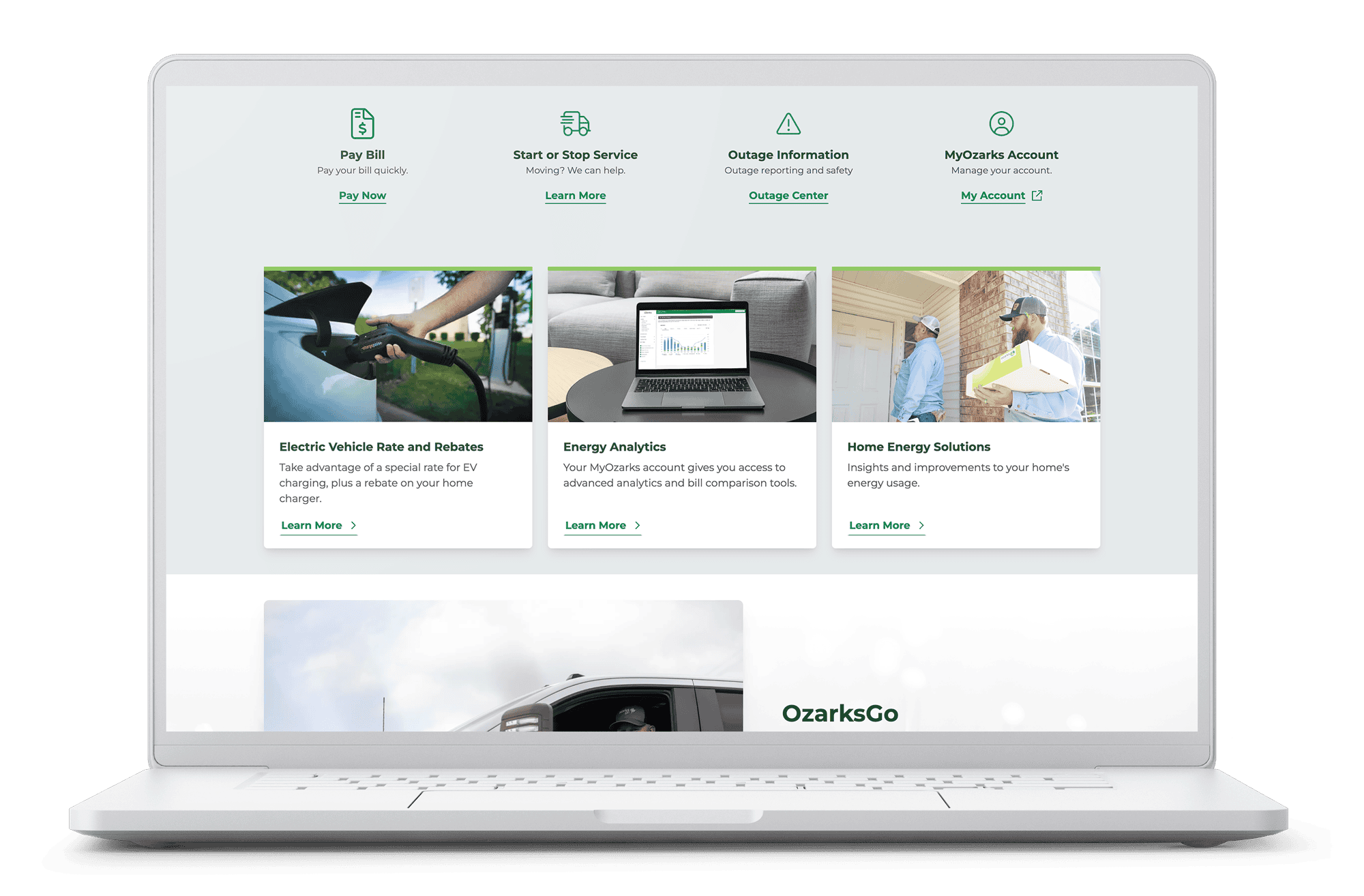 Laptop view of Ozarks Electric Cooperative’s homepage featuring quick access to billing, service, and energy tools.