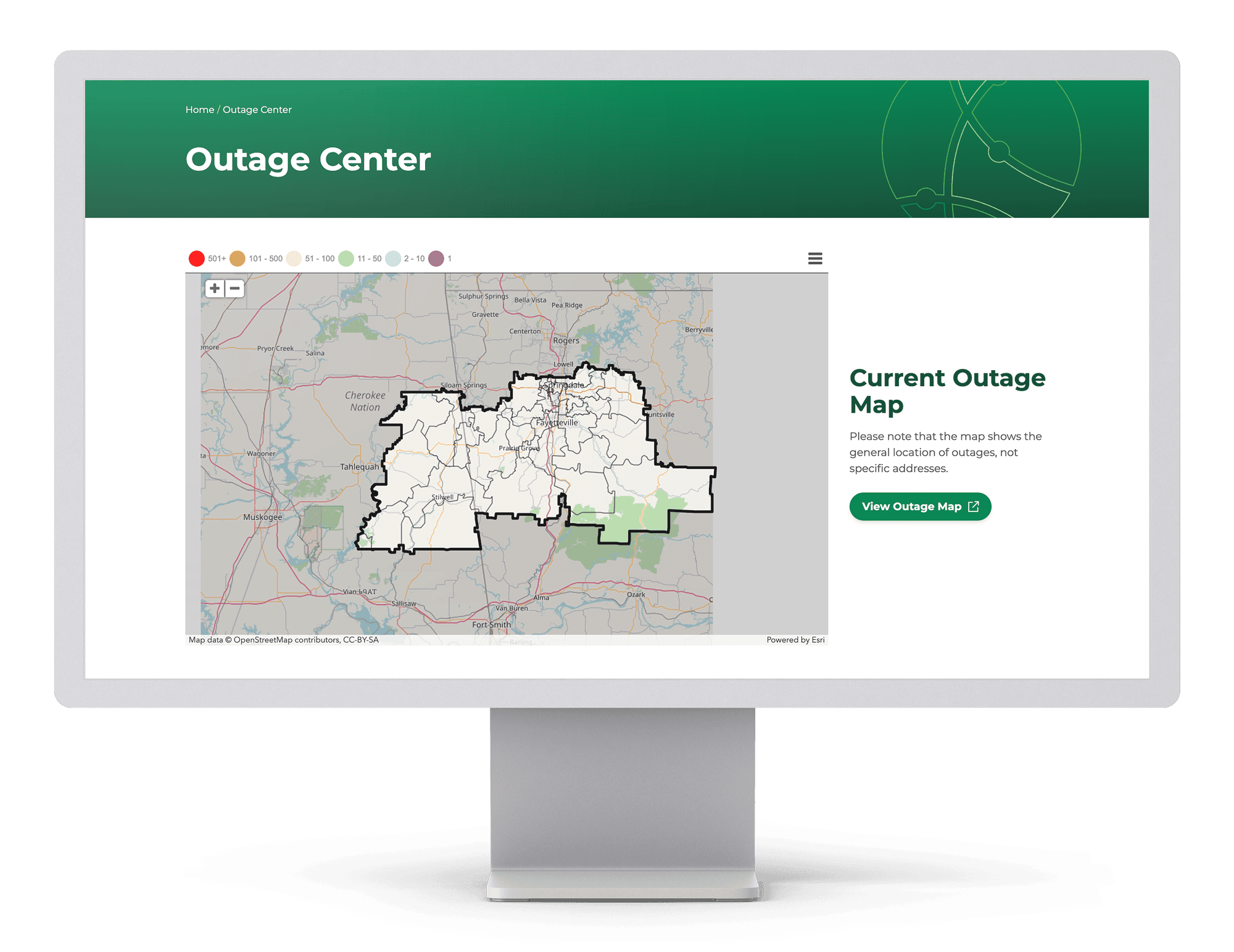 Desktop view of Ozarks Electric Cooperative’s outage center page displaying live outage map.