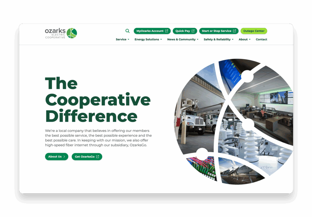 Desktop homepage of Ozarks Electric Cooperative website highlighting “The Cooperative Difference” section.