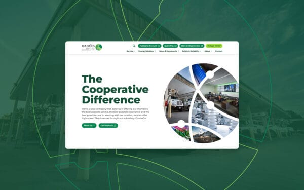 Full homepage layout for Ozarks Electric Cooperative showcasing modern design and brand imagery.