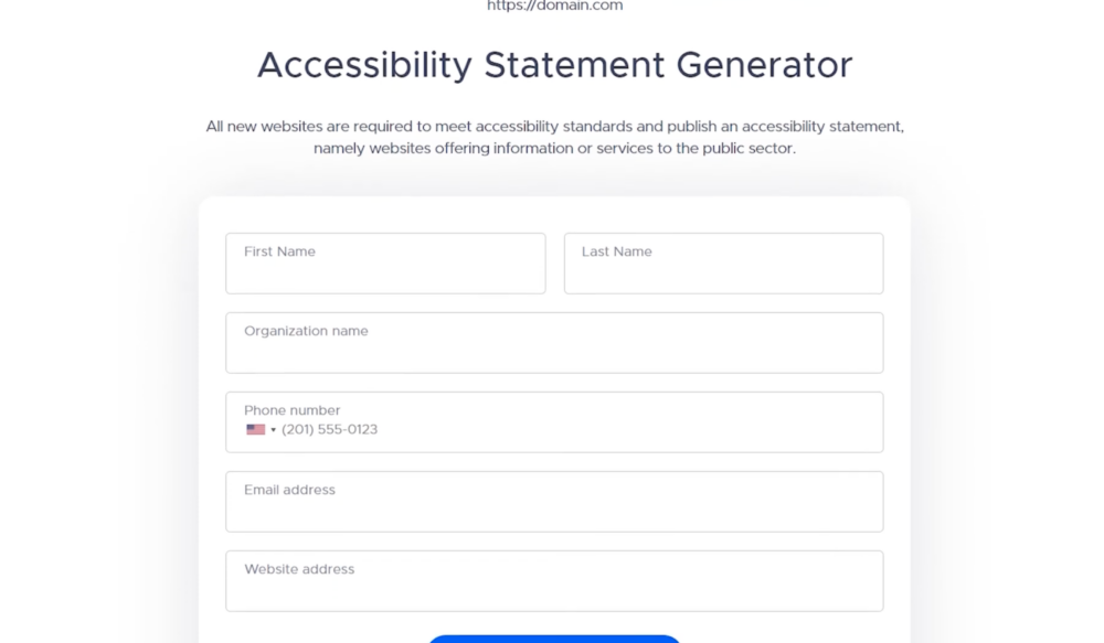Accessibility statement generator form with fields for name, organization, contact information, and website address.