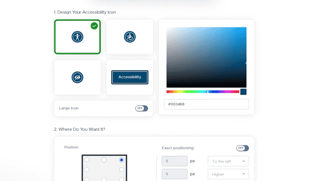 UserWay accessibility widget settings screen showing icon design options, color selection, and on screen position controls.