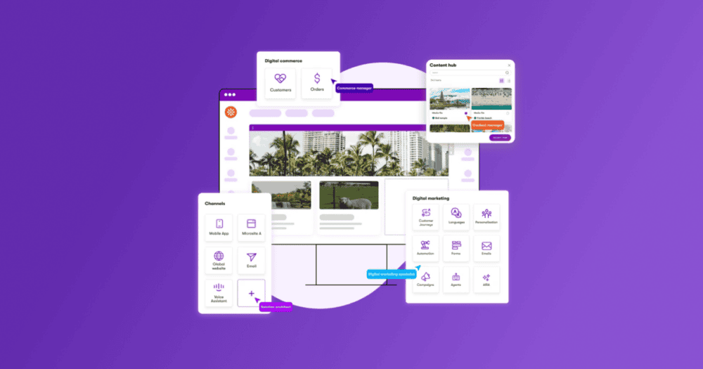 Screenshot of the Kentico Xperience platform interface showing multiple modules including Digital Commerce (Customers and Orders), Content Hub with media management, Channels (Mobile App, Microsite, Global Website, Email, Voice Assistant), and Digital Marketing tools (Customer Journeys, Languages, Personalization, Automation, Forms, Emails, Campaigns, Agents, AIRA), with role labels for Commerce Manager, Content Manager, Digital Marketing Specialist, and Solution Architect highlighted throughout the interface.