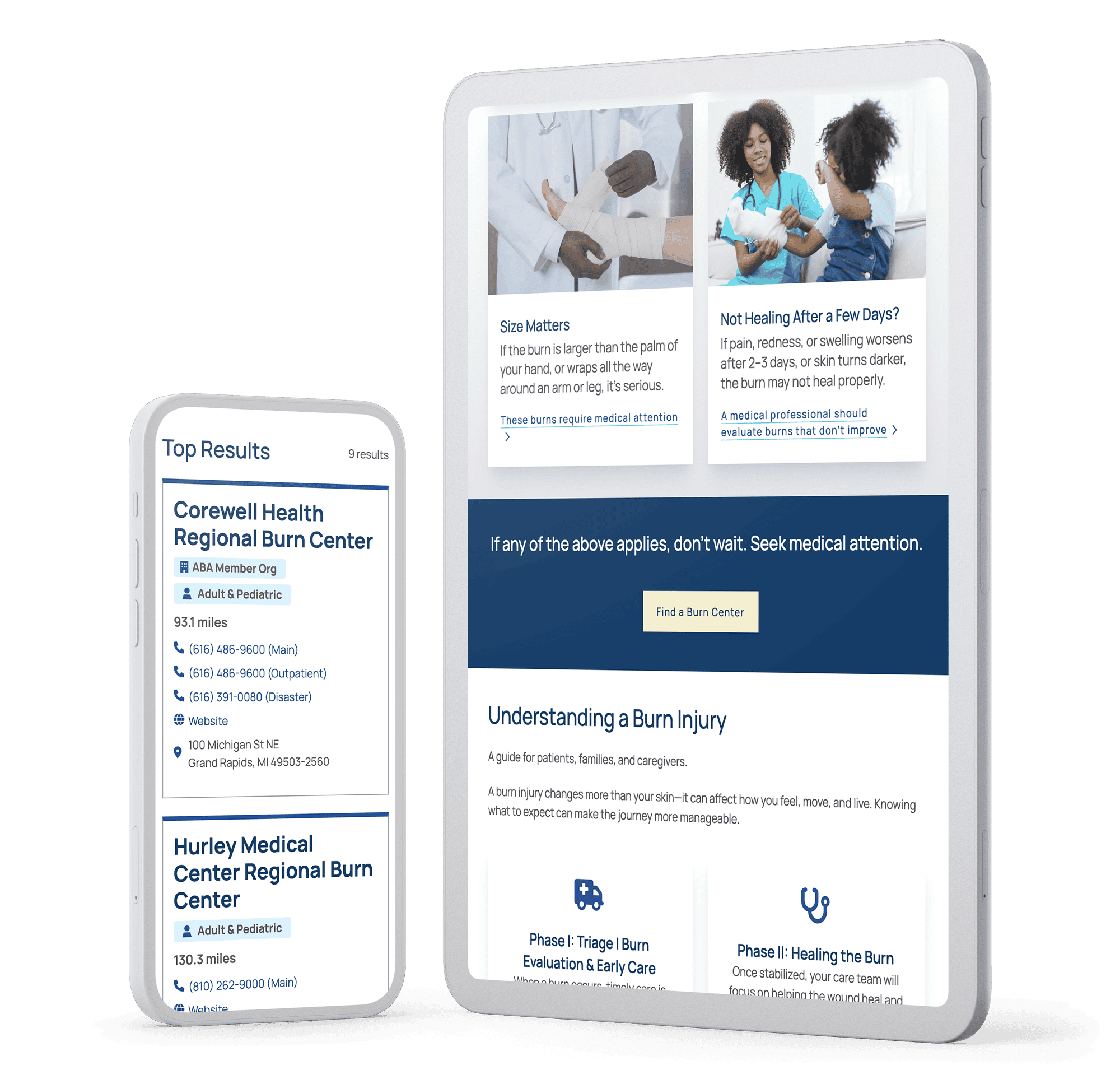 Responsive website mockup showing the American Burn Association website on mobile and tablet devices, featuring burn injury guidance, Find a Burn Center results, and patient education content.