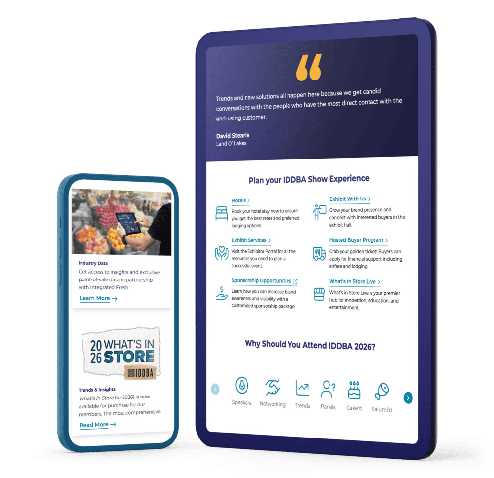 Tablet and smartphone displaying IDDBA show planning and industry content, highlighting a responsive layout across devices.