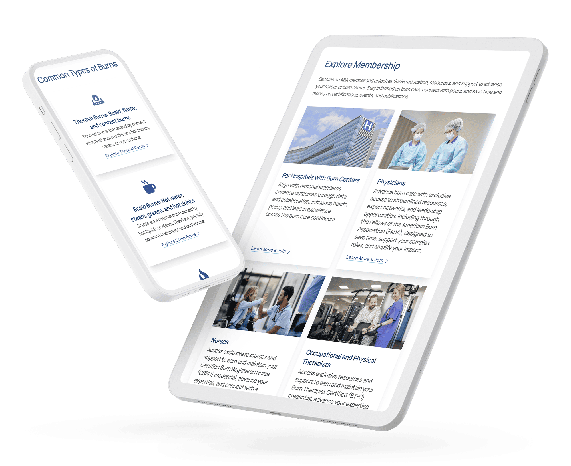 Mobile and tablet views of the American Burn Association website highlighting membership options, role-based resources for healthcare professionals, and educational content for burn care teams.