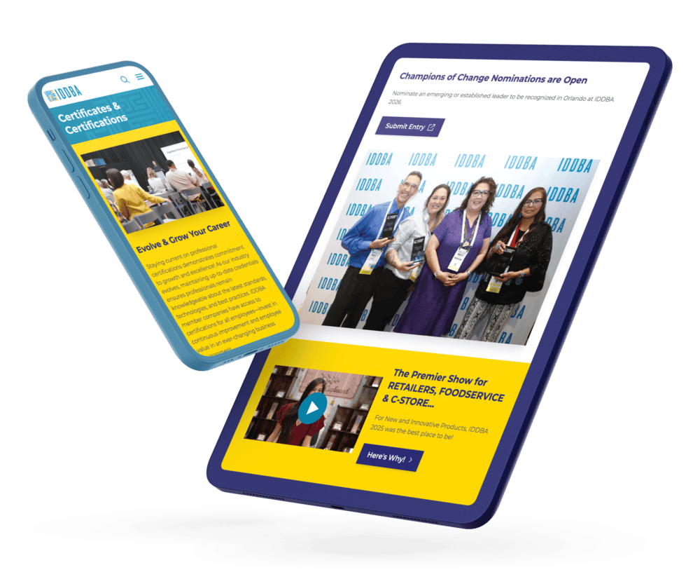 Tablet and smartphone showing IDDBA certification, awards, and show promotion content with bold brand colors and imagery.