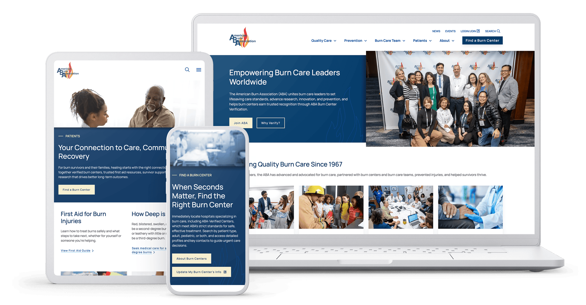 Laptop, tablet, and mobile devices displaying the American Burn Association homepage, including navigation, hero messaging, and imagery of burn care professionals and patients.