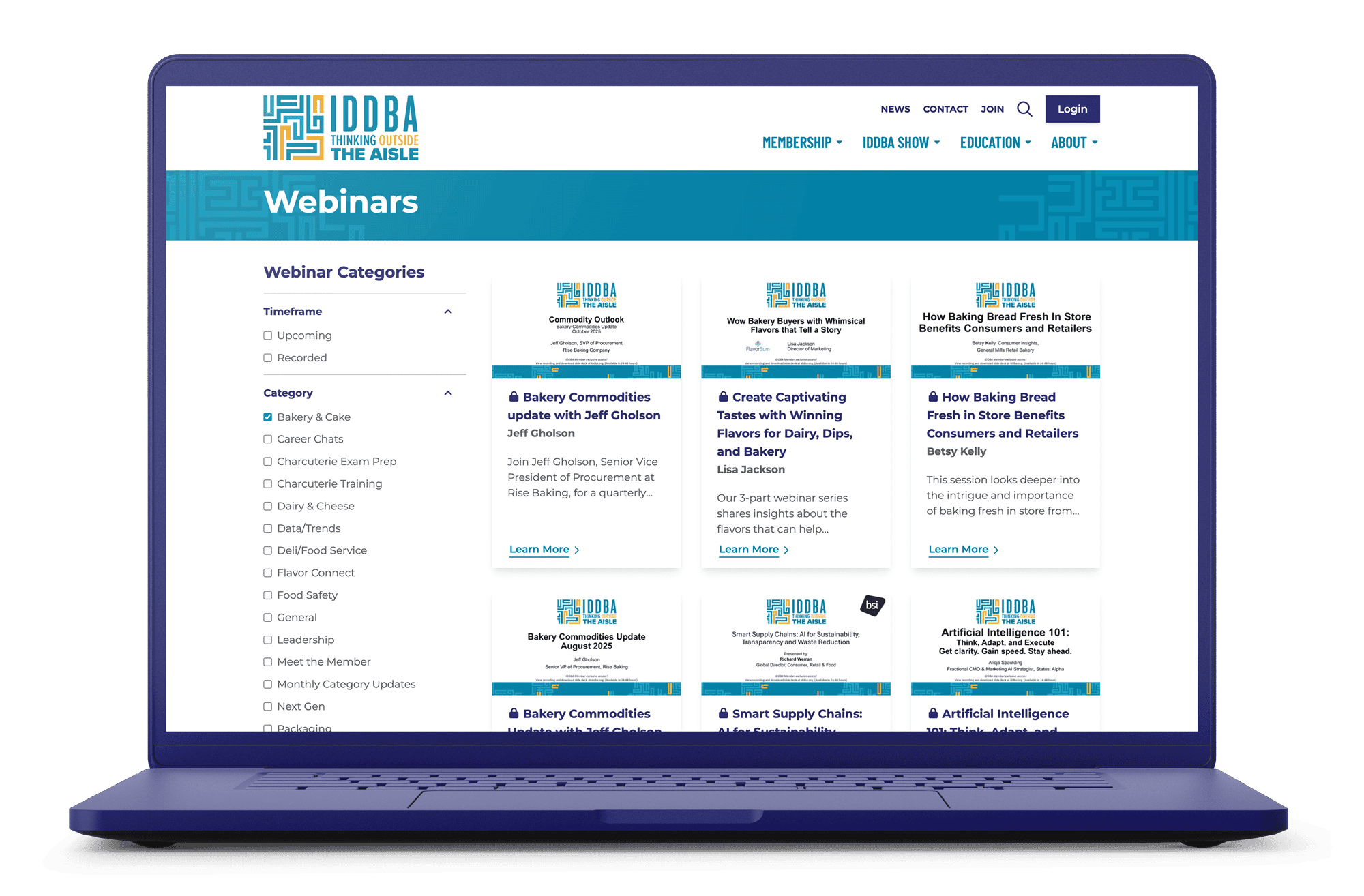 Laptop displaying the IDDBA webinars page with filters and webinar cards organized by category.