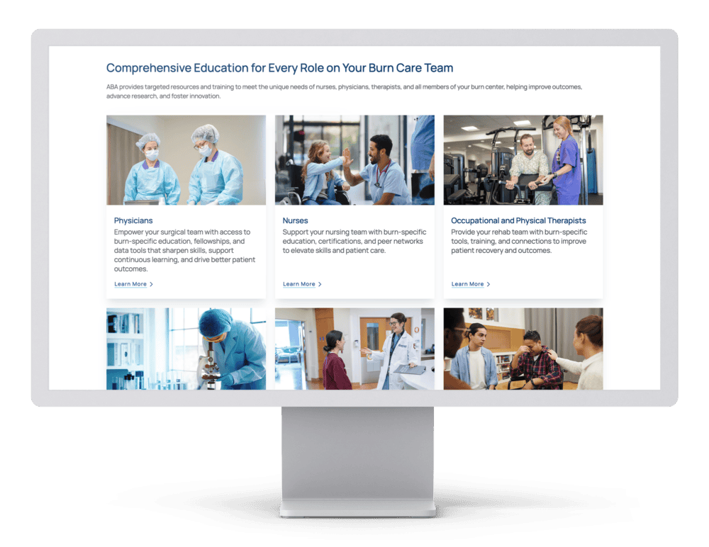 Desktop monitor displaying the American Burn Association website homepage with navigation, hero banner, and content sections focused on quality burn care and professional collaboration.