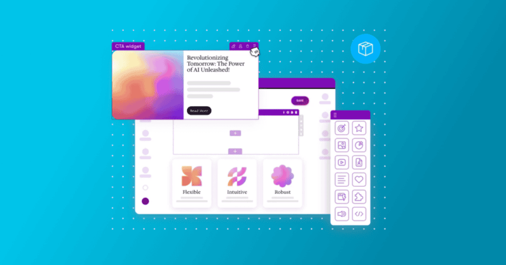 Illustration of the Kentico content editing interface with widgets, icons, and a CTA card, representing AI-assisted website development and accelerated digital delivery.