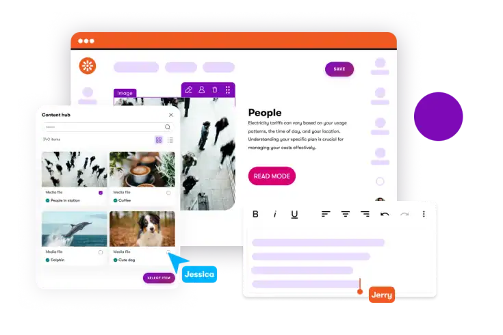 Xperience by Kentico content editing interface showing a shared content hub, visual editor, and collaborative content selection tools.