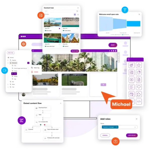 Xperience by Kentico interface displaying content workflows, tagging, analytics insights, and role-based permissions within a centralized content hub.