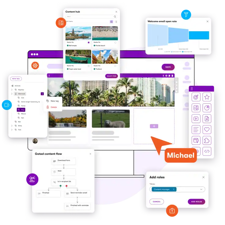 Xperience by Kentico interface displaying content workflows, tagging, analytics insights, and role-based permissions within a centralized content hub.