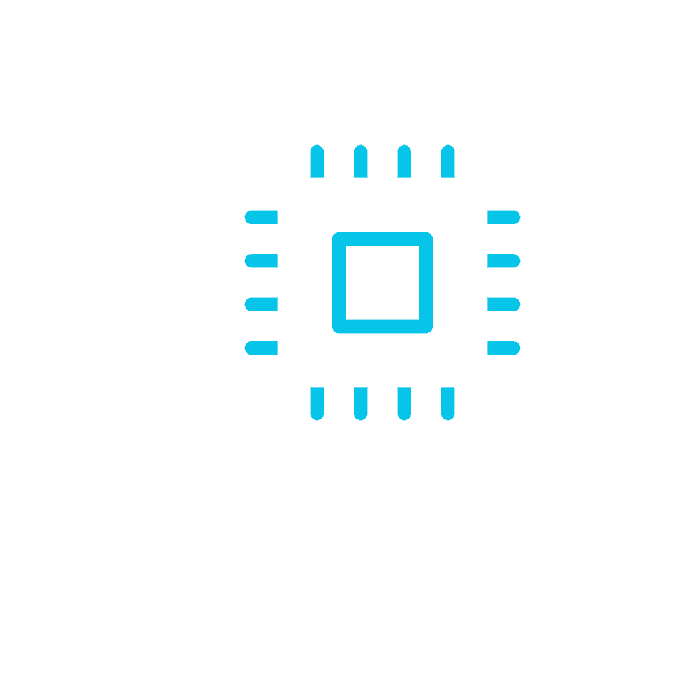 Human head silhouette with a processor chip representing artificial intelligence or machine learning.