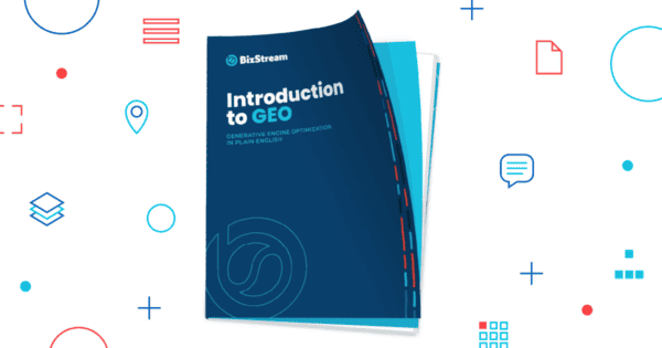 Cover of BizStream's Introduction to GEO guide, a dark blue booklet with the subtitle Generative Engine Optimization in Plain English, shown at an angle against a white background with scattered geometric icons.