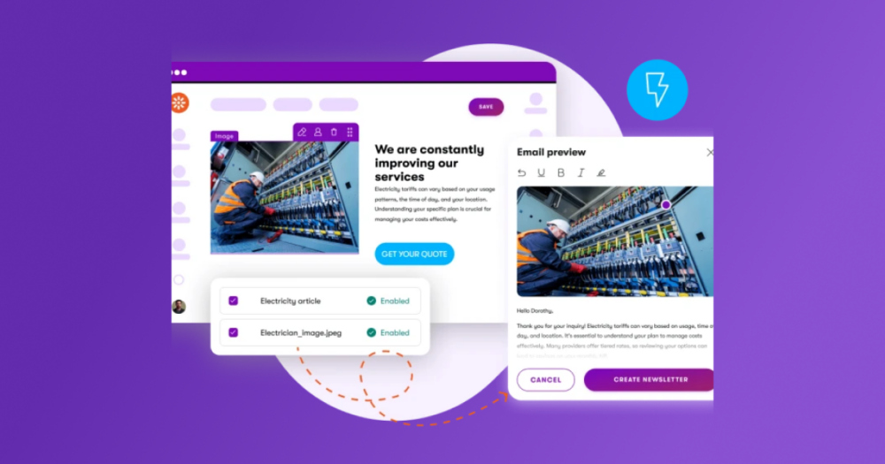 Kontent.ai interface showing AI-assisted email generation from existing web content