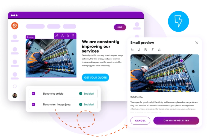 Screenshot of the Kentico AIRA interface showing content management, image optimization, and an AI-generated email preview side by side.