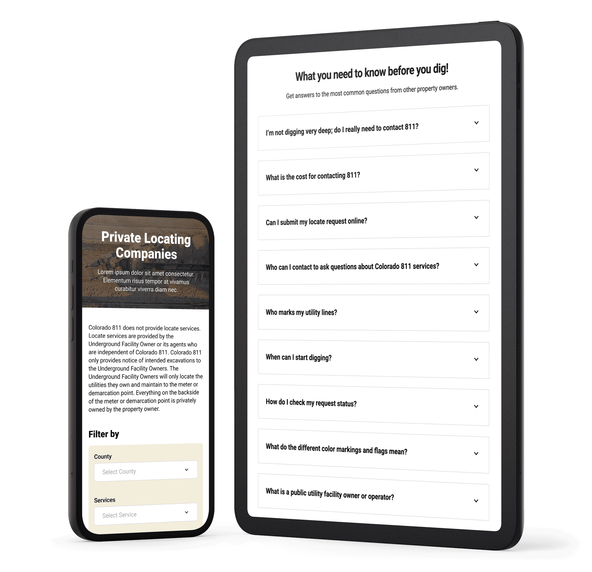Colorado 811 website displayed on a tablet and phone showing an FAQ accordion and a Private Locating Companies page.