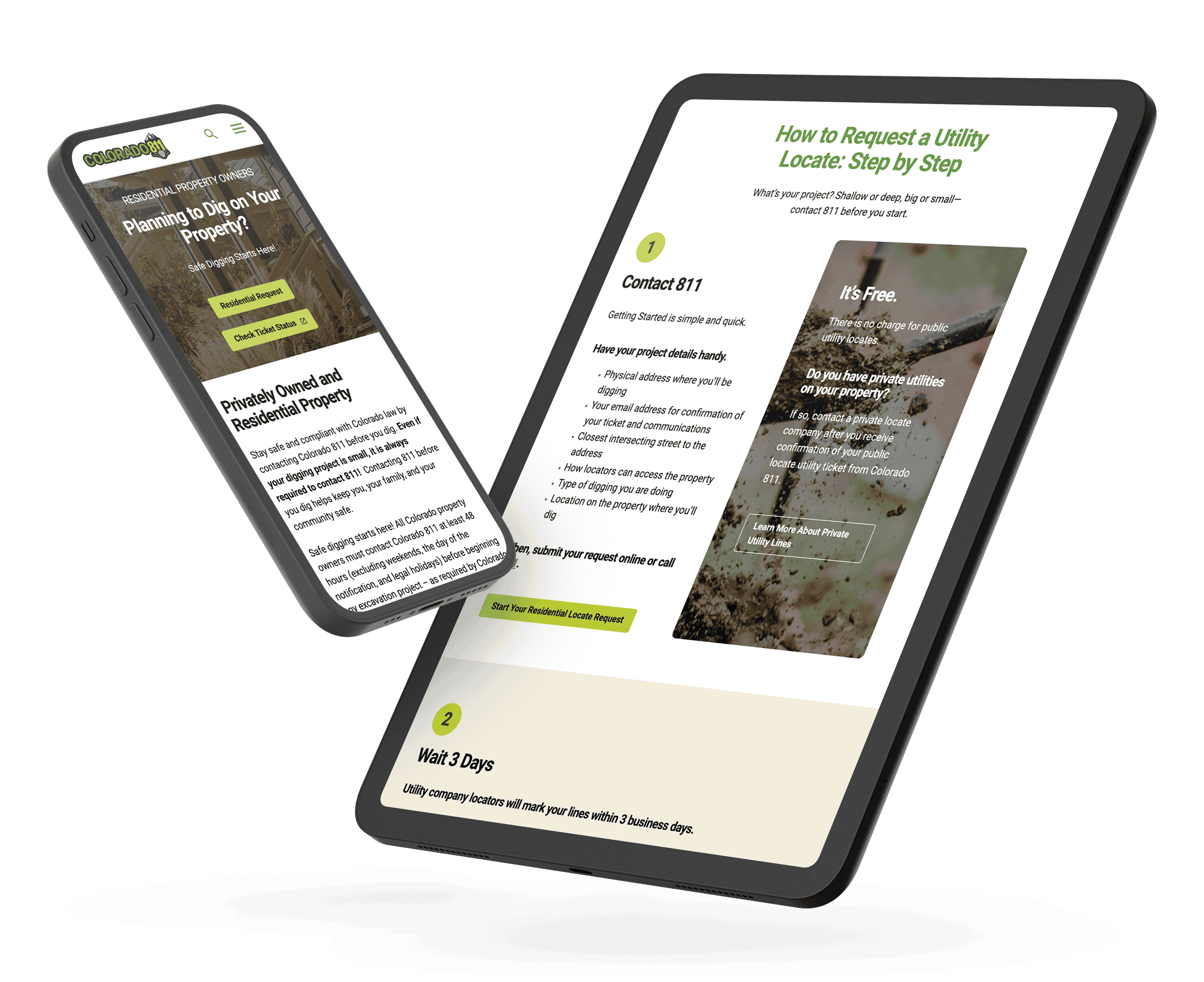 Colorado 811 residential property owner pages displayed on a phone and tablet, showing the utility locate request steps.