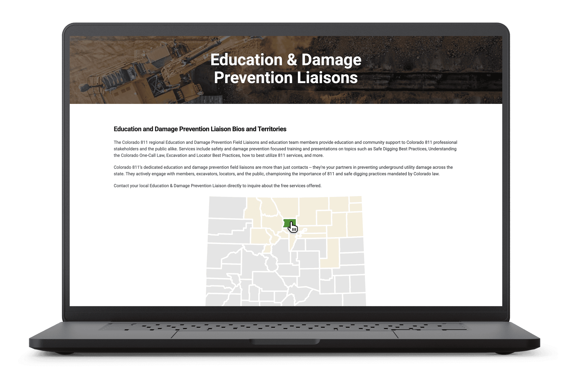 Colorado 811 Education and Damage Prevention Liaisons page displayed on a laptop, featuring a regional map of Colorado.