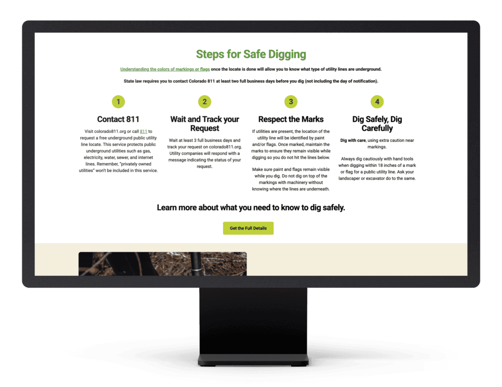 Colorado 811 "What to Know Before You Dig" page displayed on a laptop, showing the step-by-step utility locate request process.