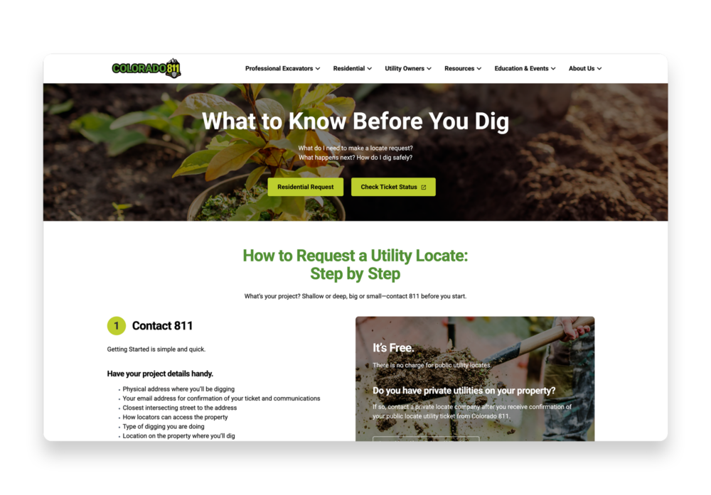 Colorado 811 Steps for Safe Digging page displayed on a desktop monitor, outlining four steps from contacting 811 to digging safely.