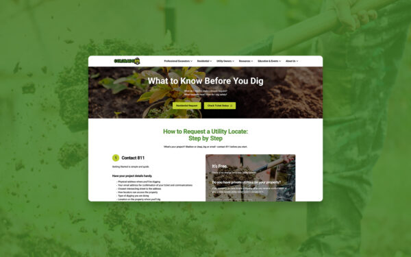 Colorado 811 "What to Know Before You Dig" website displayed on a laptop against a green-tinted digging background.