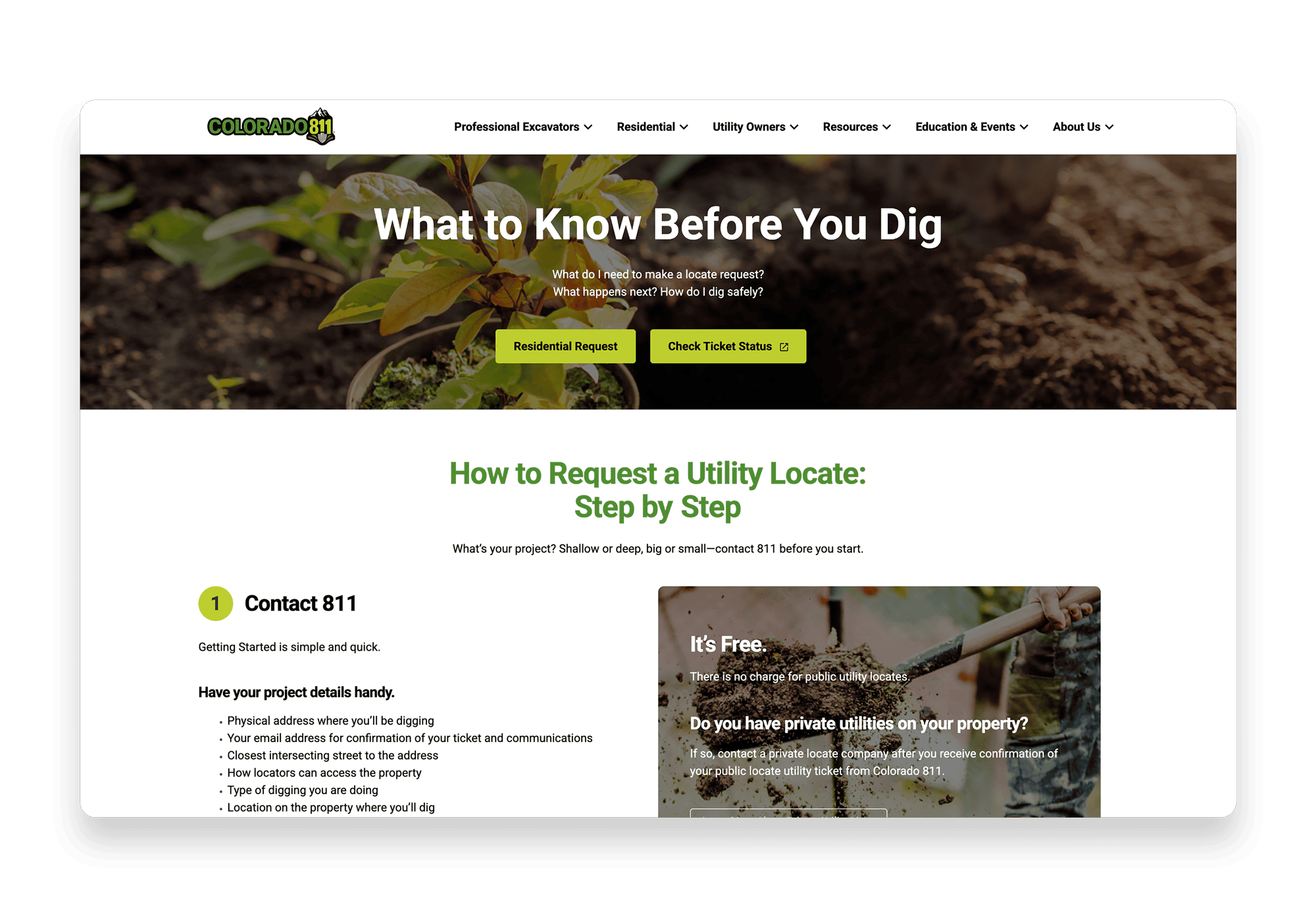 Colorado 811 Steps for Safe Digging page displayed on a desktop monitor, outlining four steps from contacting 811 to digging safely.