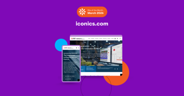 Kentico Site of the Month March 2026 promotional graphic for iconics.com showing desktop and mobile views of the Mitsubishi Electric Iconics Digital Solutions website, featuring the GENESIS automation software platform homepage on a purple background.