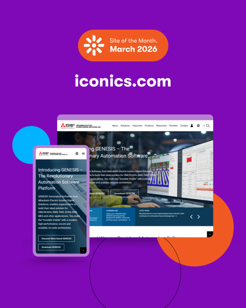 Kentico Site of the Month March 2026 promotional graphic for iconics.com showing desktop and mobile views of the Mitsubishi Electric Iconics Digital Solutions website, featuring the GENESIS automation software platform homepage on a purple background.