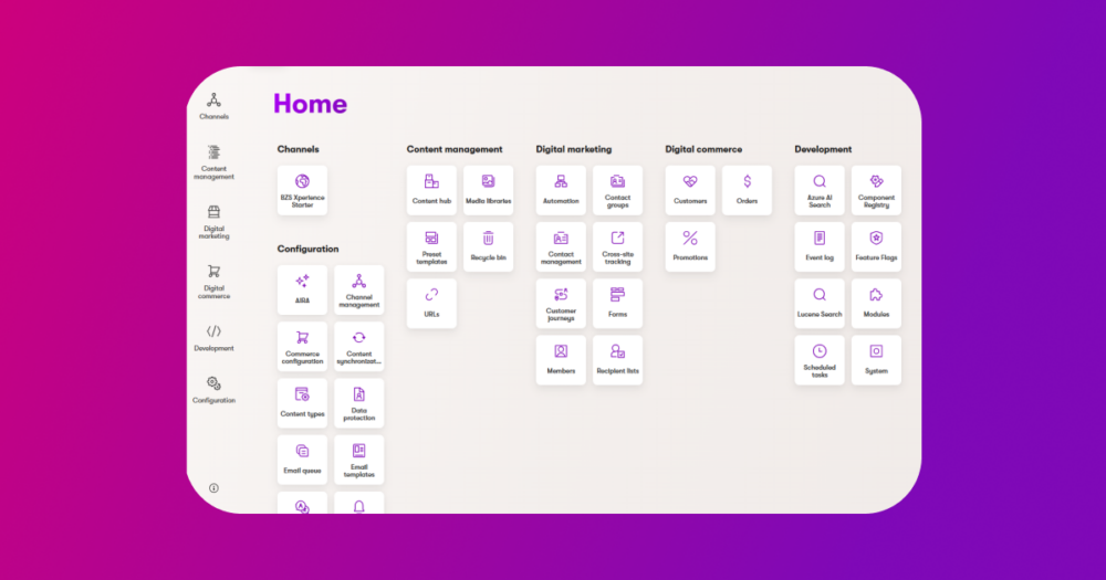 Xperience by Kentico admin dashboard showing the Home screen with sections for Channels, Content Management, Digital Marketing, Digital Commerce, Development, and Configuration