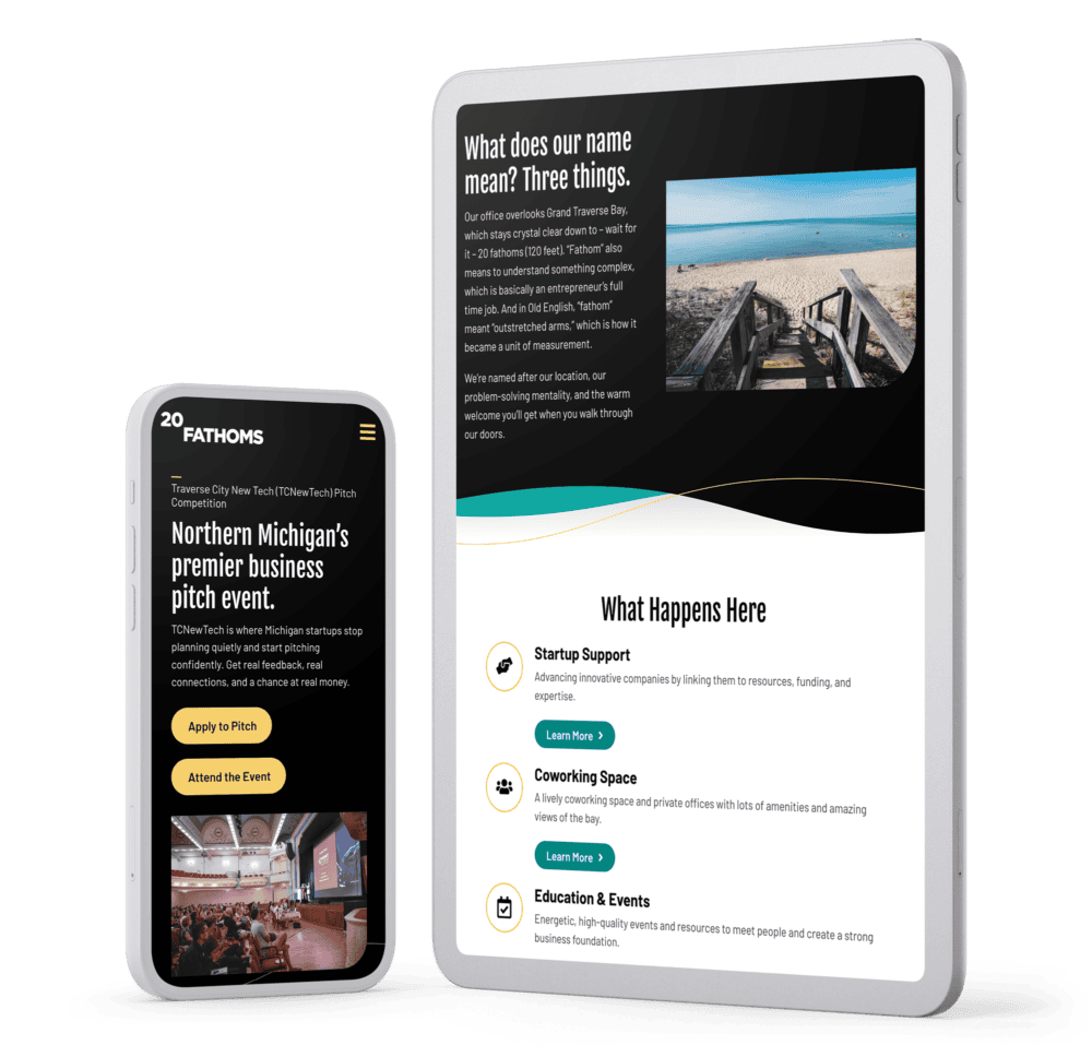 Phone and tablet devices showcasing pages from the 20Fathoms website