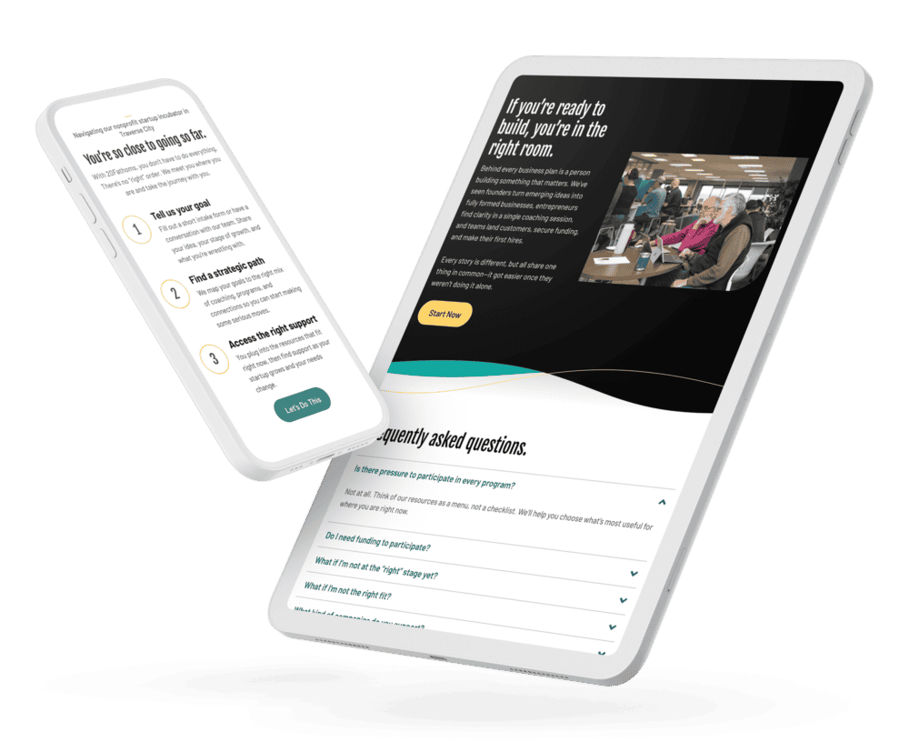 Phone and tablet devices showcasing pages from the 20Fathoms website
