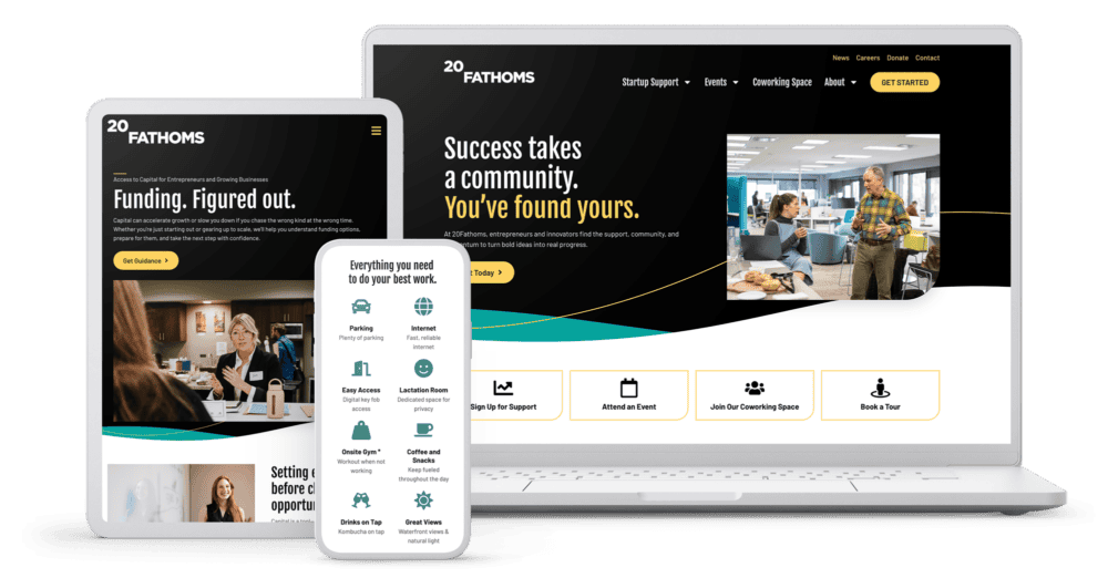 Phone, tablet, and laptop devices showcasing pages from the 20Fathoms website