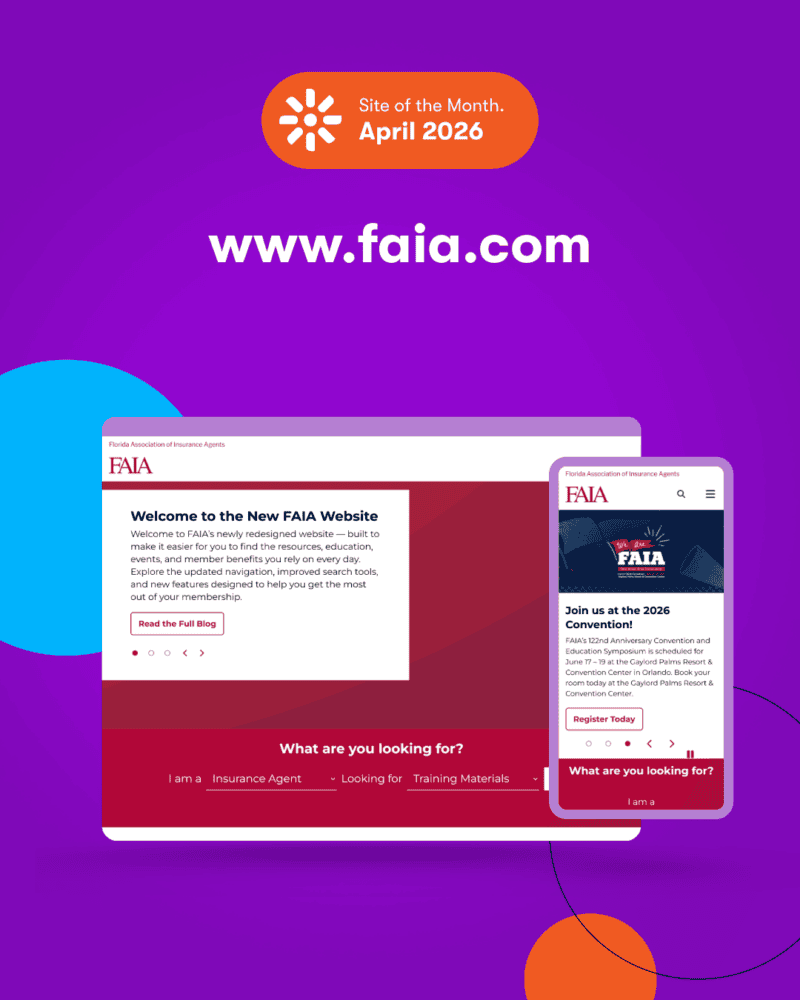 Kentico Site of the Month April 2026 Instagram carousel slide for www.faia.com, showing the redesigned FAIA website displayed on a tablet and phone against a purple background.