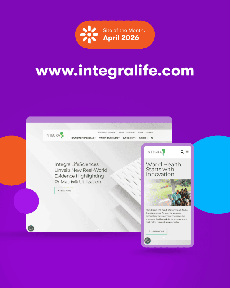 Kentico Site of the Month April 2026 Instagram carousel slide for www.integralife.com, showing the Integra LifeSciences website displayed on a tablet and phone against a purple background.